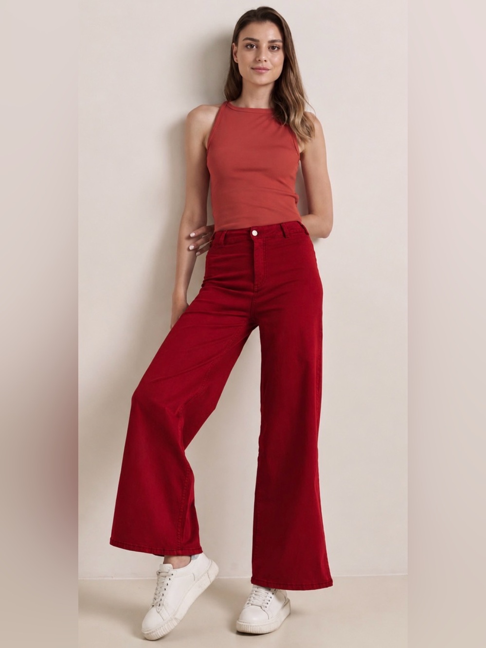 Jimmy Key Lyocell Cotton Womens Casual Wide Leg High Waist Red Pants XL Casual